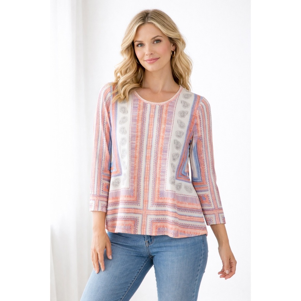 J. McLaughlin Top Size Medium Printed Stretch Preppy Shirt Blouse Catalina Cloth